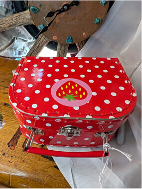 HEMA Red Polka Dot Ceramic Doll Tea Set Suitcase Strawberry Vintage Style READ